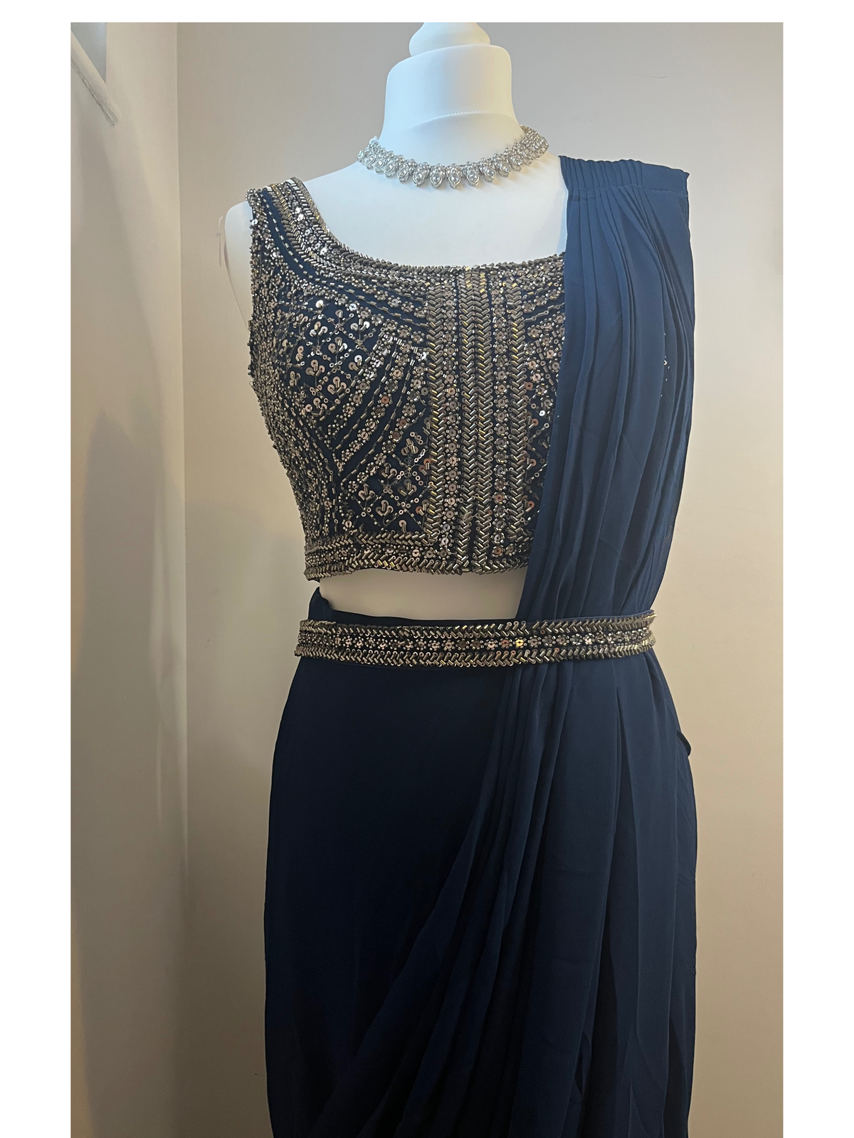 Blue Pre-Pleated Saree with Belt