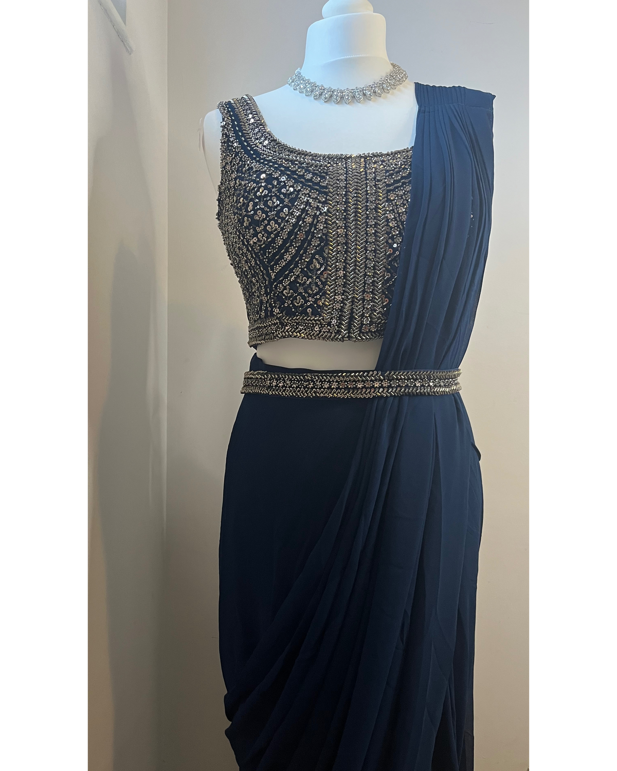 Blue Pre-Pleated Saree with Belt
