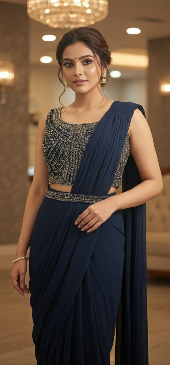 Blue Pre-Pleated Saree with Belt