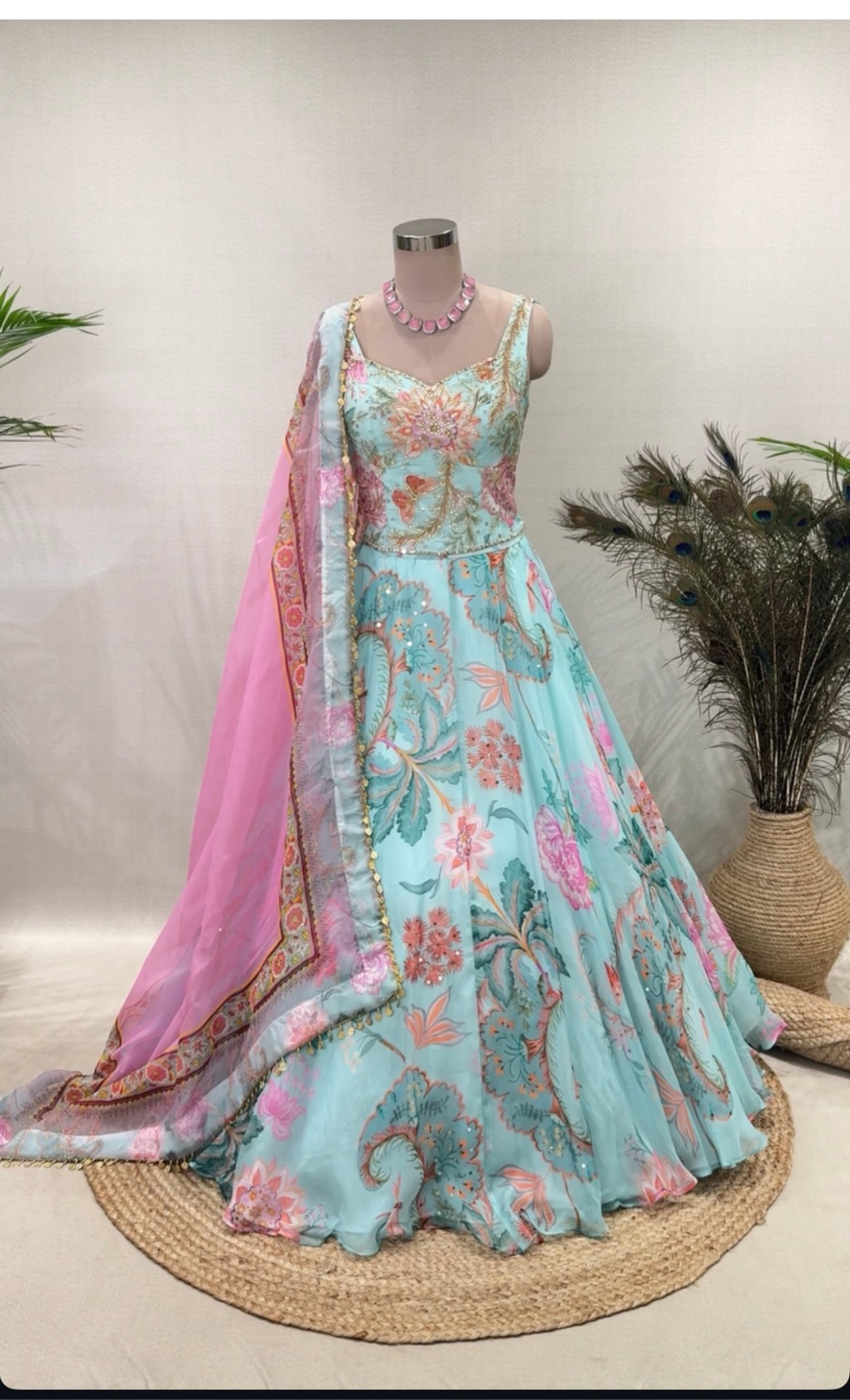 Blue Floral Corset Lehenga