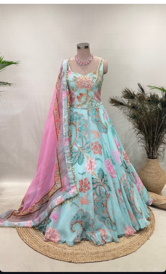 Blue Floral Corset Lehenga