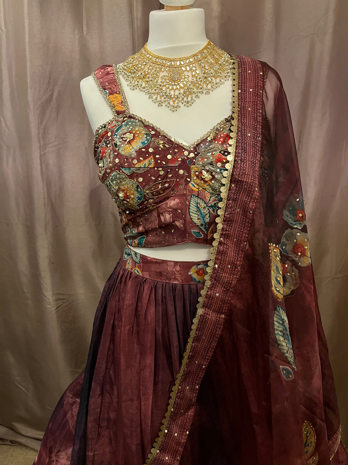 Burgundy Printed Lengha with Stunning Dupatta