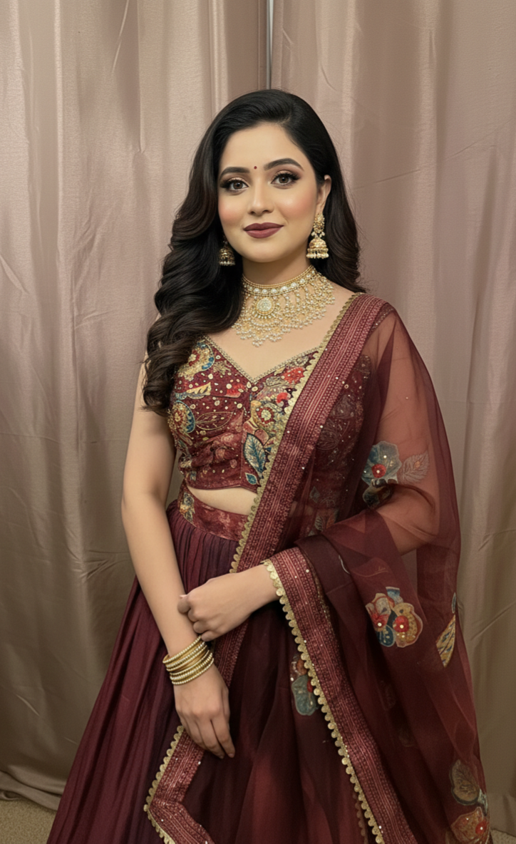 Burgundy Printed Lengha with Stunning Dupatta