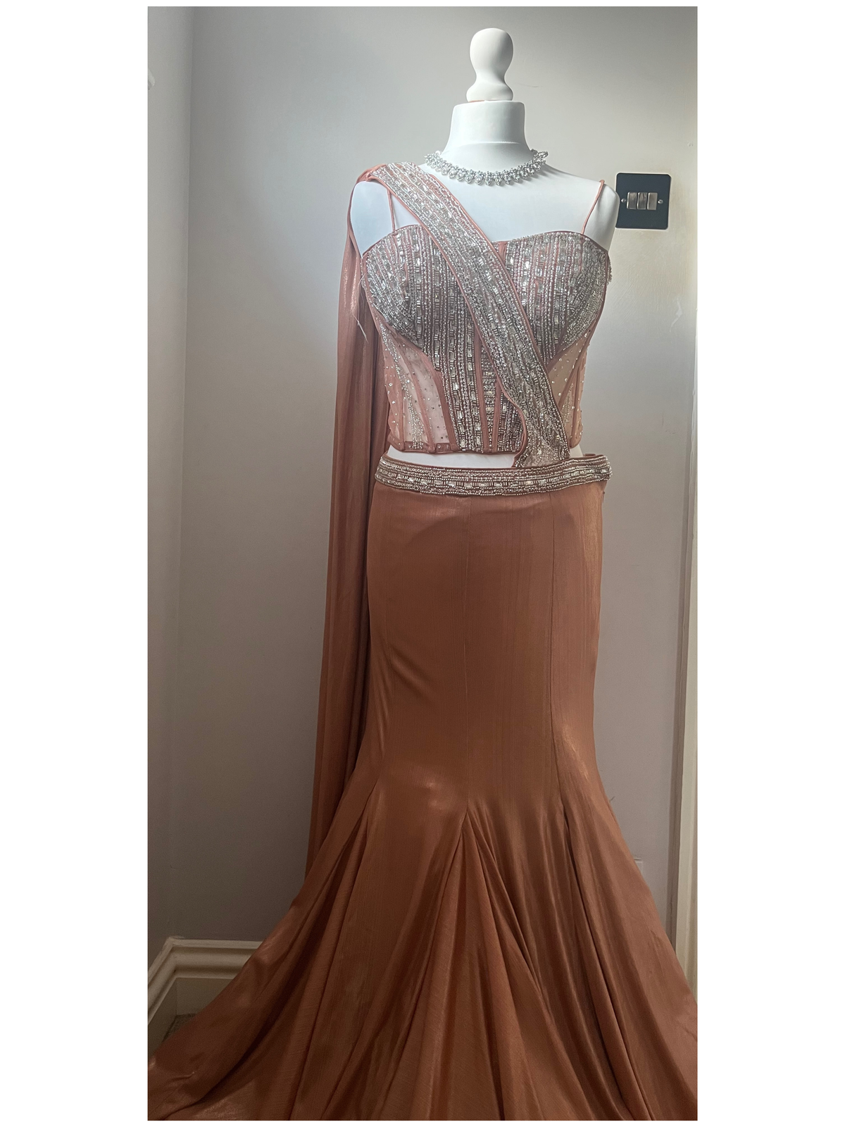 Rose Gold Fishtail Lengha Saree with Stunning Corset Blouse
