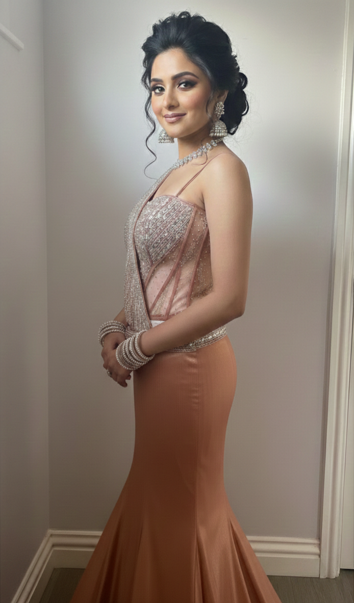 Rose Gold Fishtail Lengha Saree with Stunning Corset Blouse