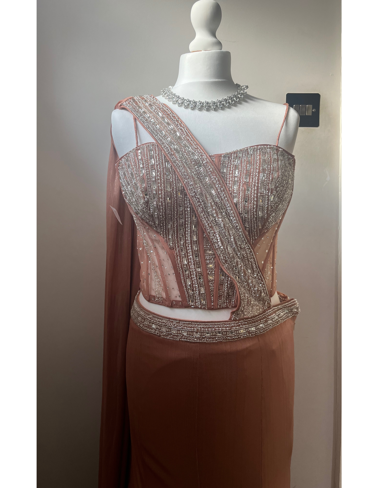 Rose Gold Fishtail Lengha Saree with Stunning Corset Blouse