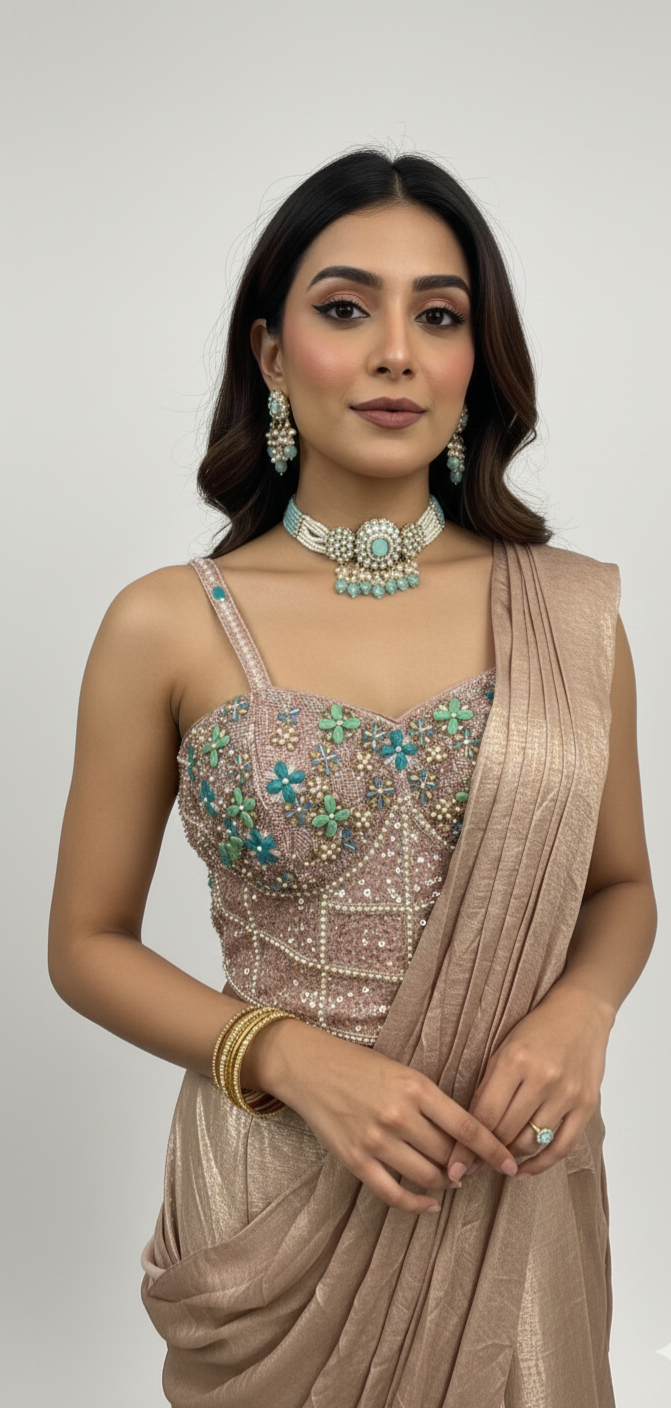 Dusty Gold Pre-Pleated Sari with a Stunning Embellished Blouse