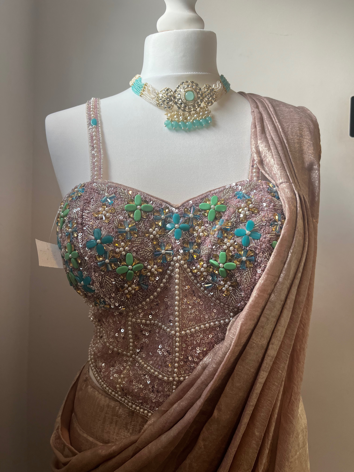Dusty Gold Pre-Pleated Sari with a Stunning Embellished Blouse