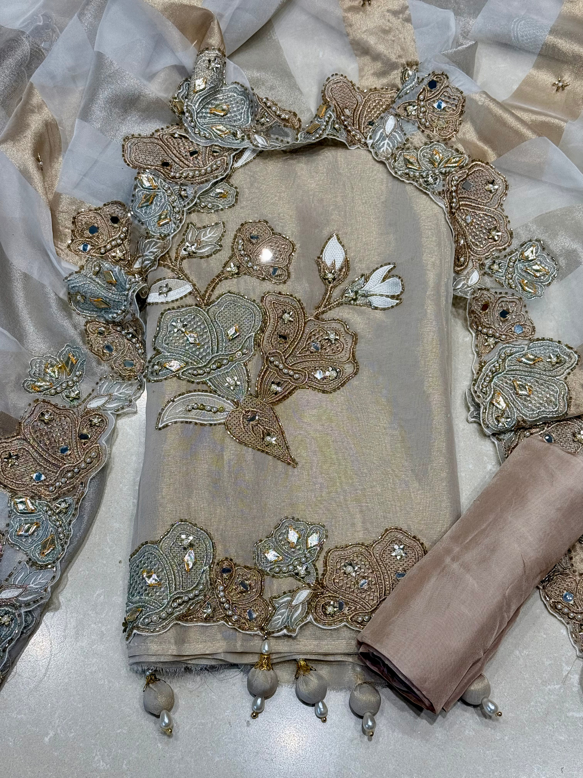Embellished Gold & Cream Unstitched Fabric