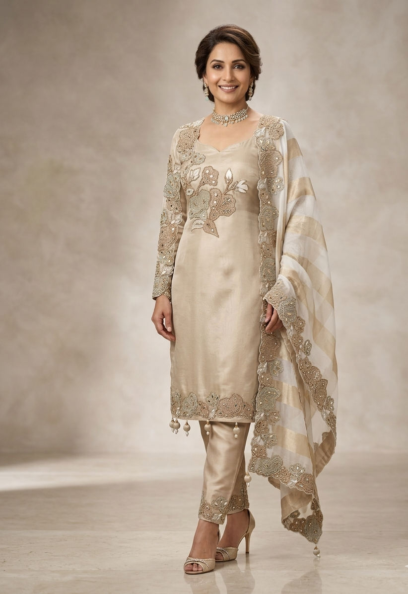 Embellished Gold & Cream Unstitched Fabric
