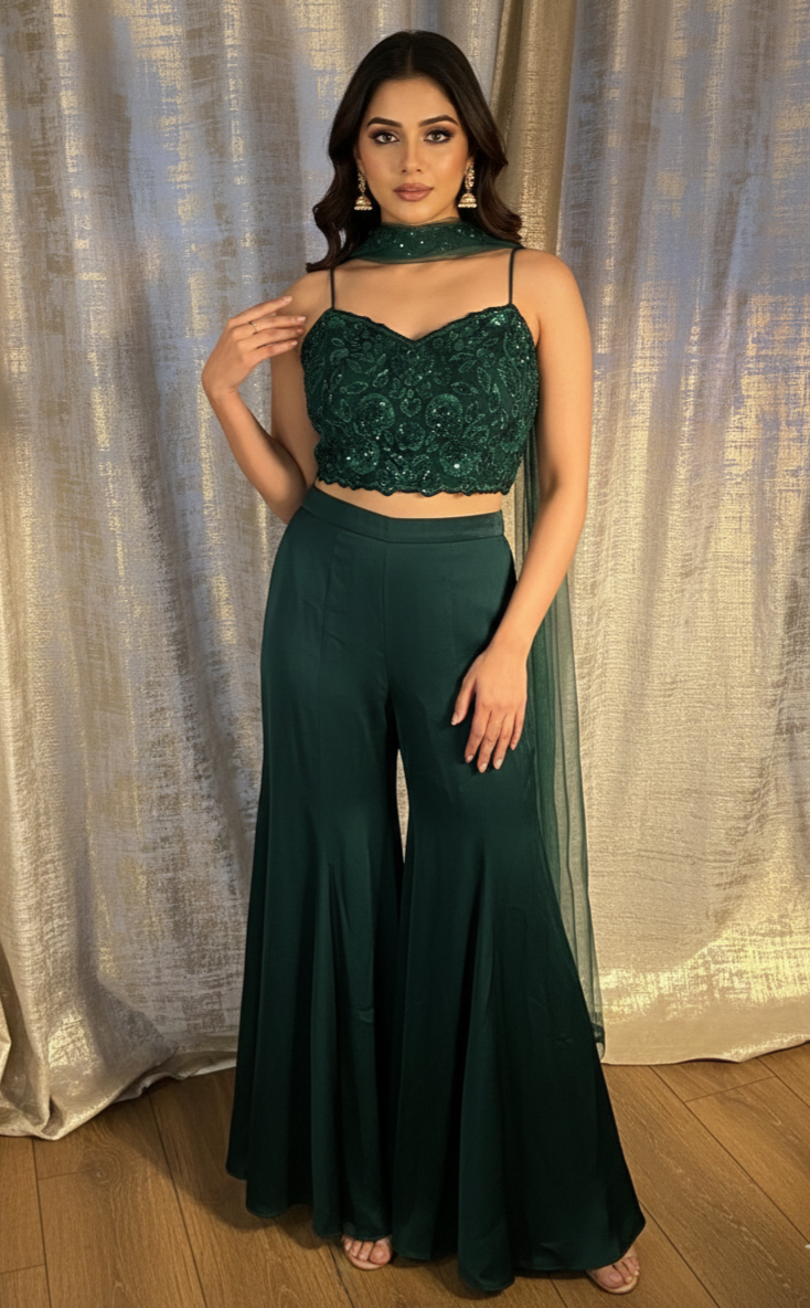 Emerald Green Bell Bottom Pallazo with Choker Dupatta