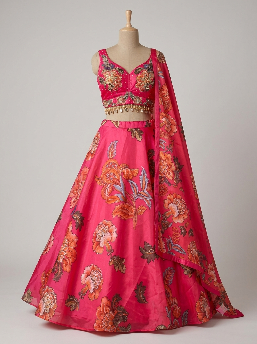 Hot Pink Floral Lehenga