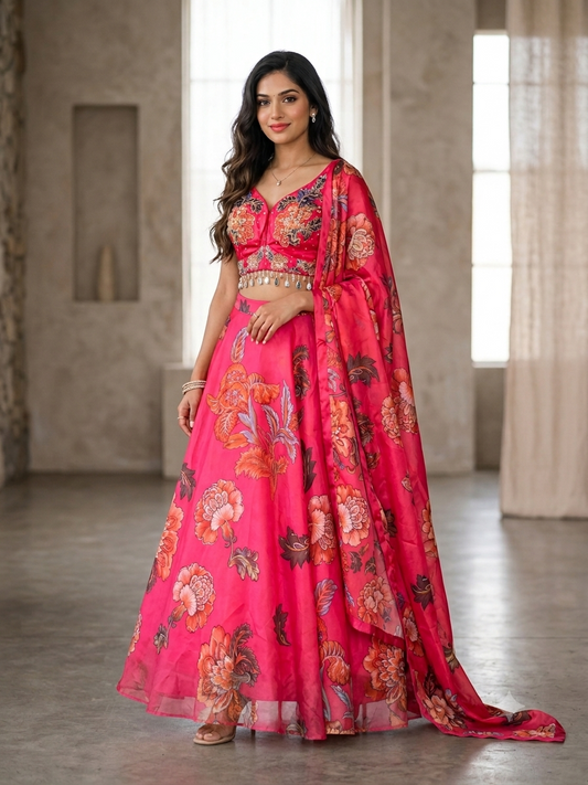 Hot Pink Floral Lehenga