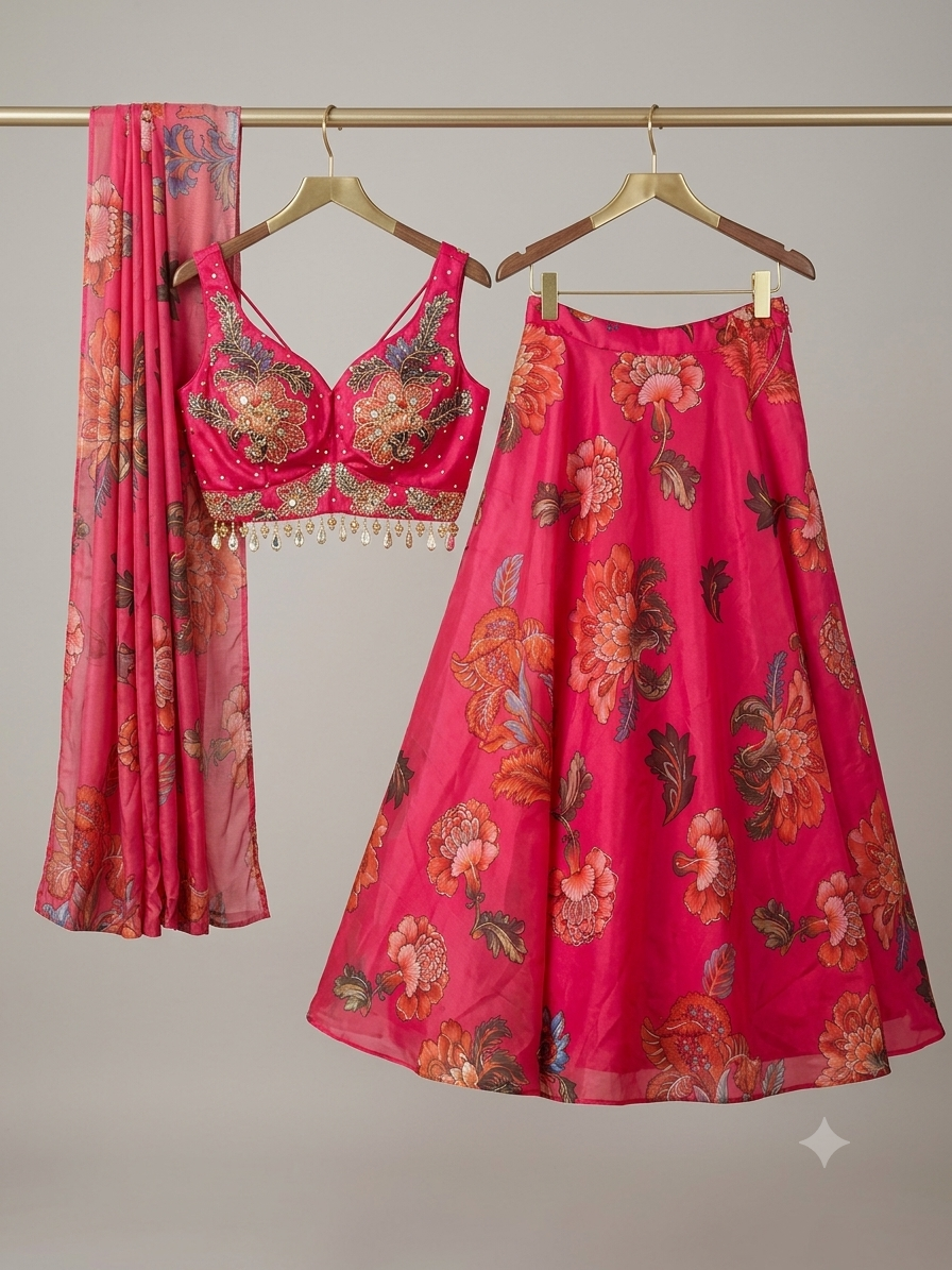 Hot Pink Floral Lehenga