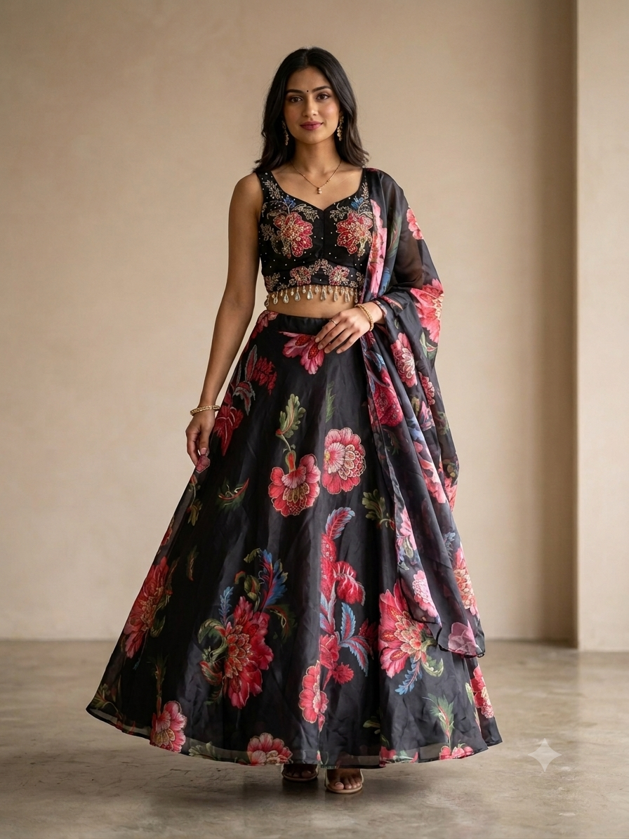 Black Floral Lehenga