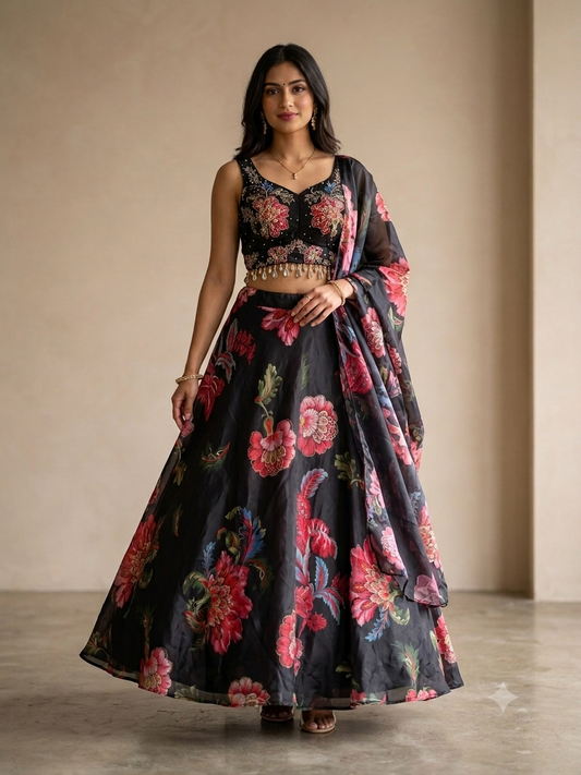 Black Floral Lehenga