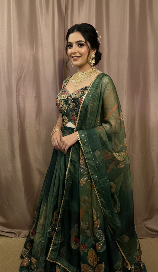 Green Digital Print Lengha