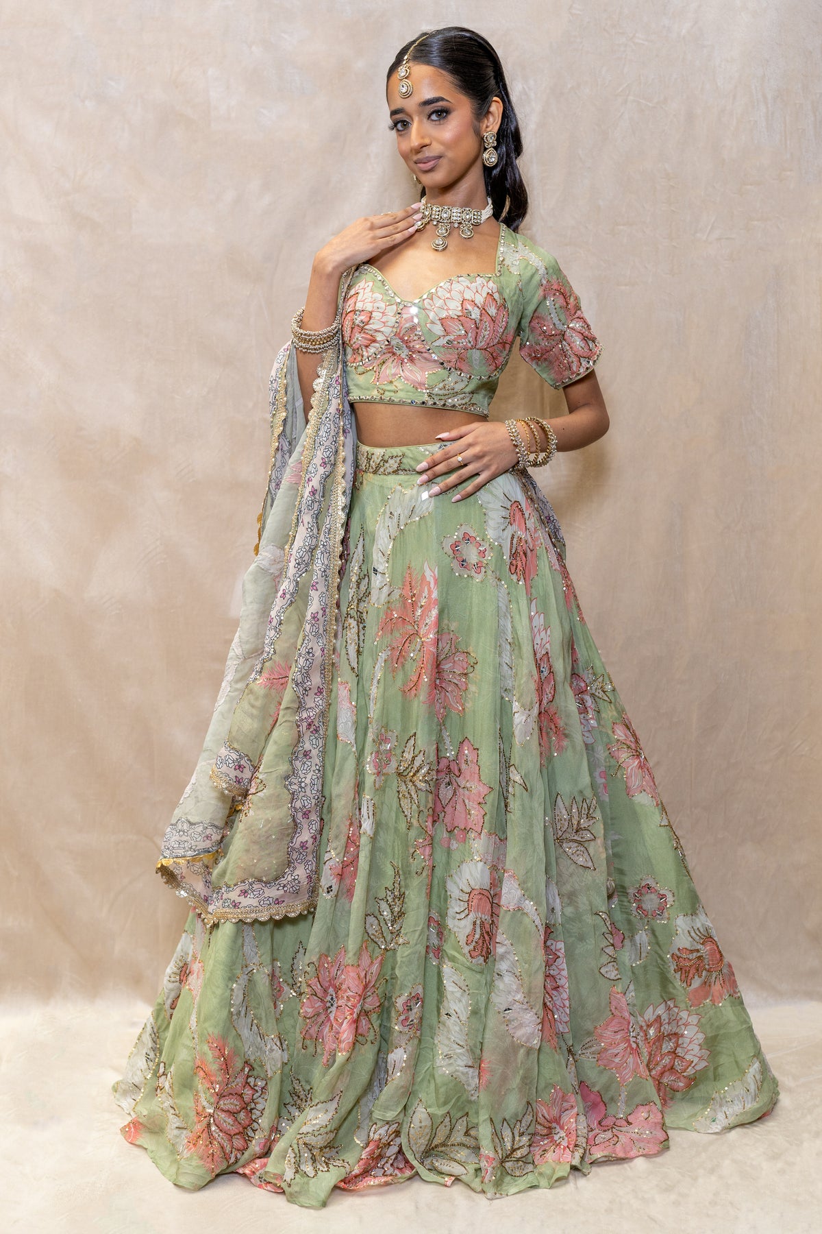 Sage Green Floral Lehenga