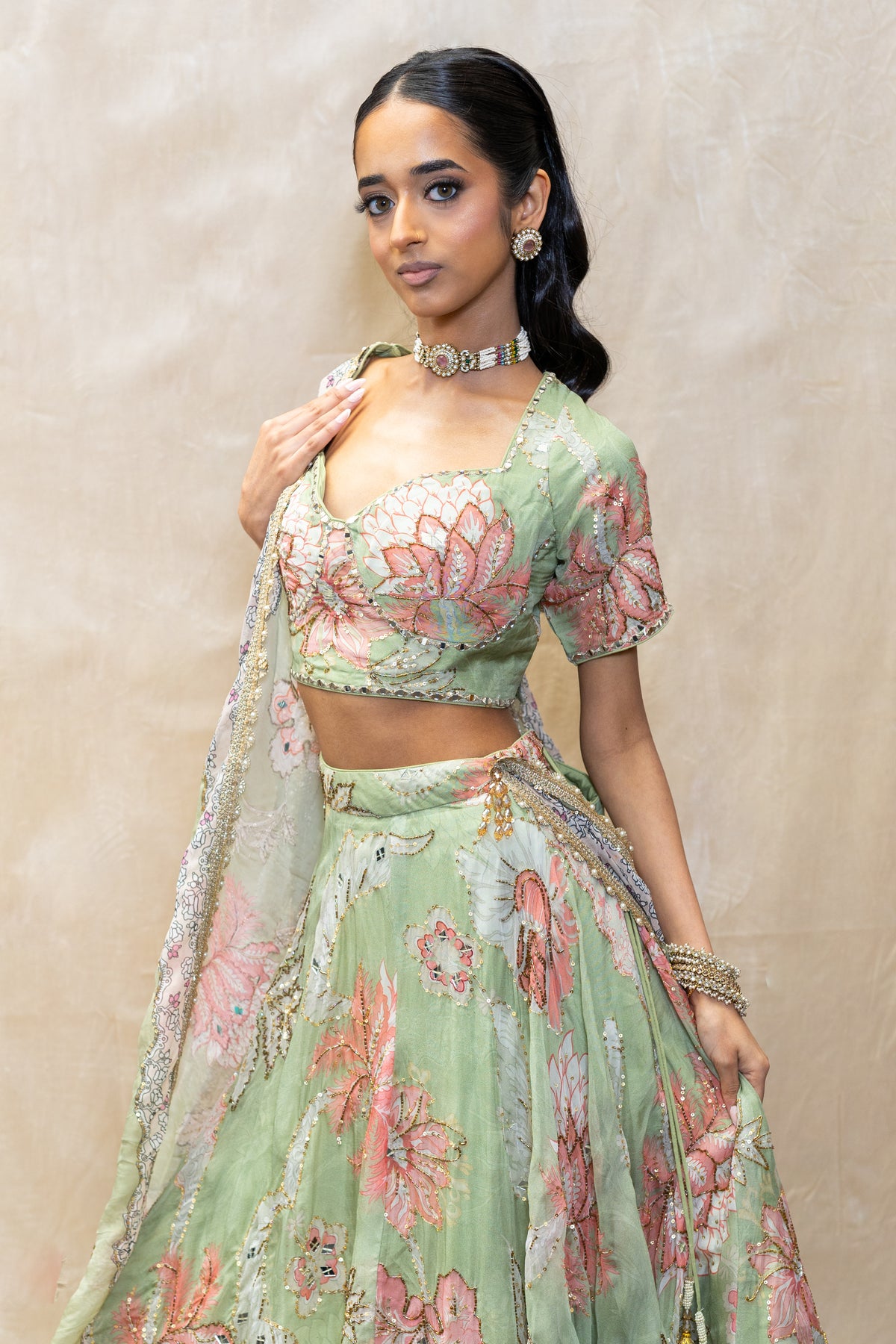 Sage Green Floral Lehenga