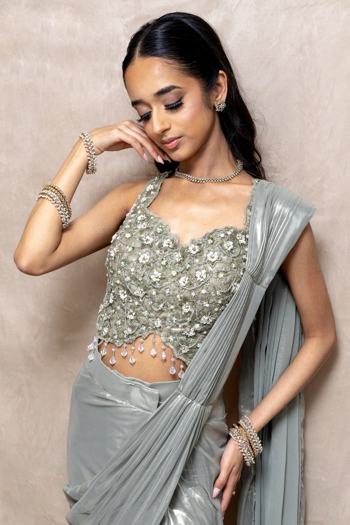Olive Pre-Pleated Saree