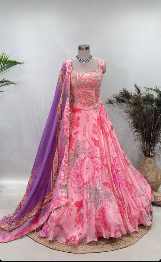Pink Floral Corset Lehenga