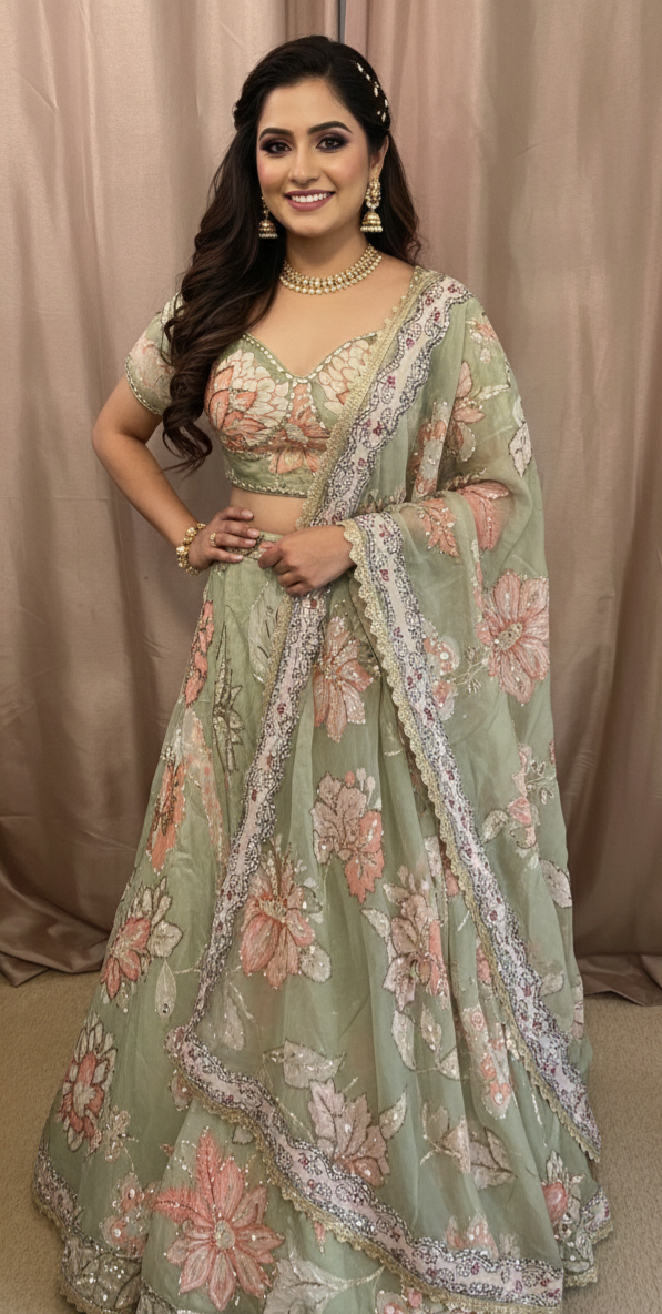 Sage Green Floral Lehenga