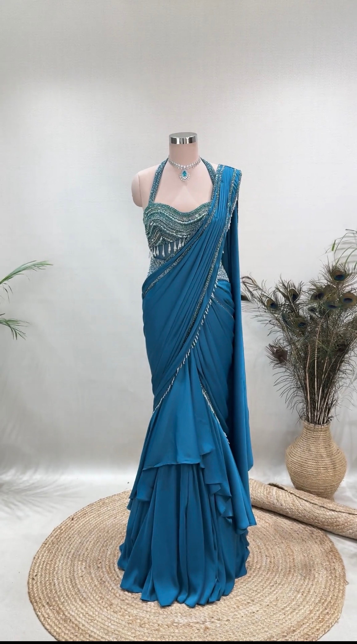 Vibrant Blue Pre-Pleated Saree