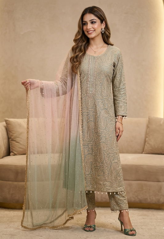 Sea Green Chikan Kari Trouser Suit