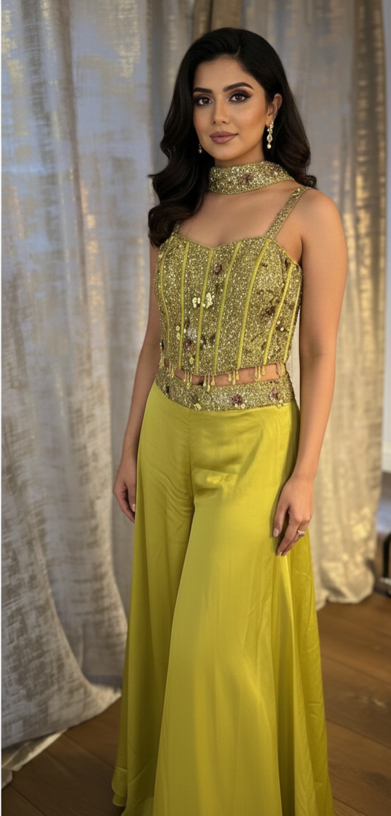 Gold Satin Corset Palazzo with Choker Dupatta