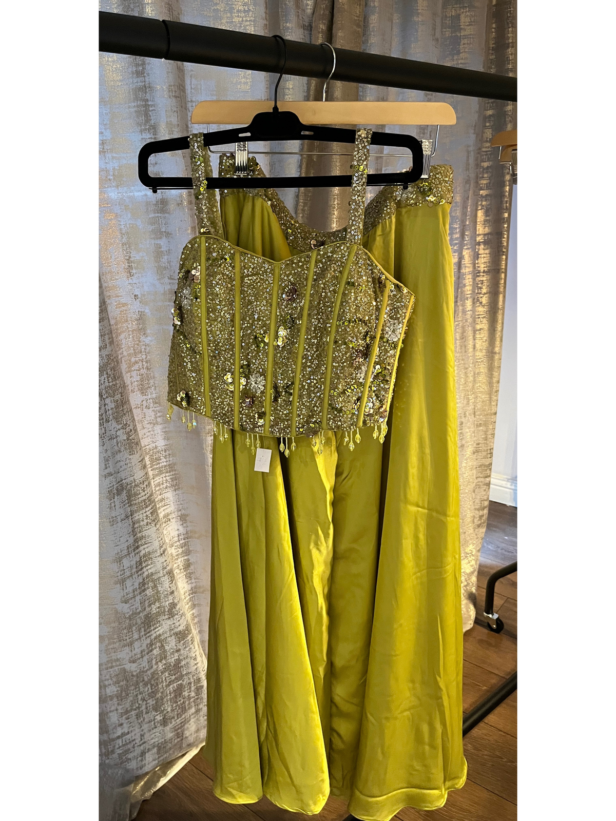 Gold Satin Corset Palazzo with Choker Dupatta