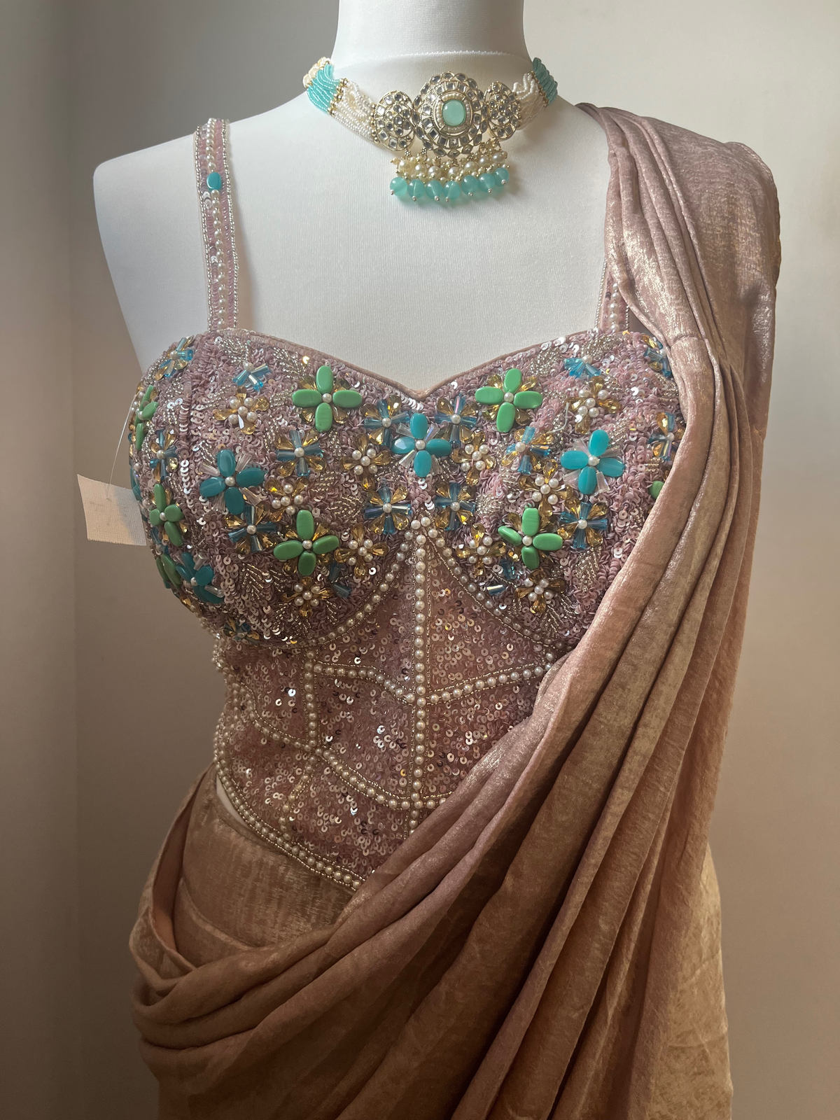 Dusty Gold Pre-Pleated Sari with a Stunning Embellished Blouse