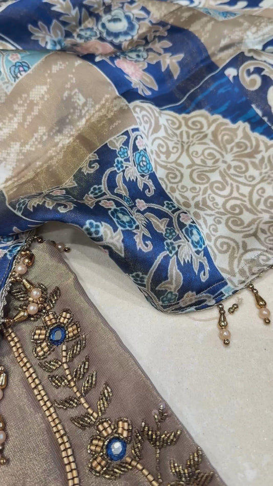 Gold & Blue Jewel Unstitched Fabric
