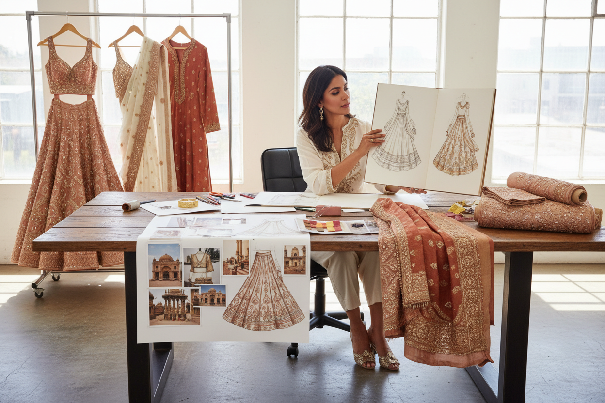 stylest looking at sketches and working on indian clothes