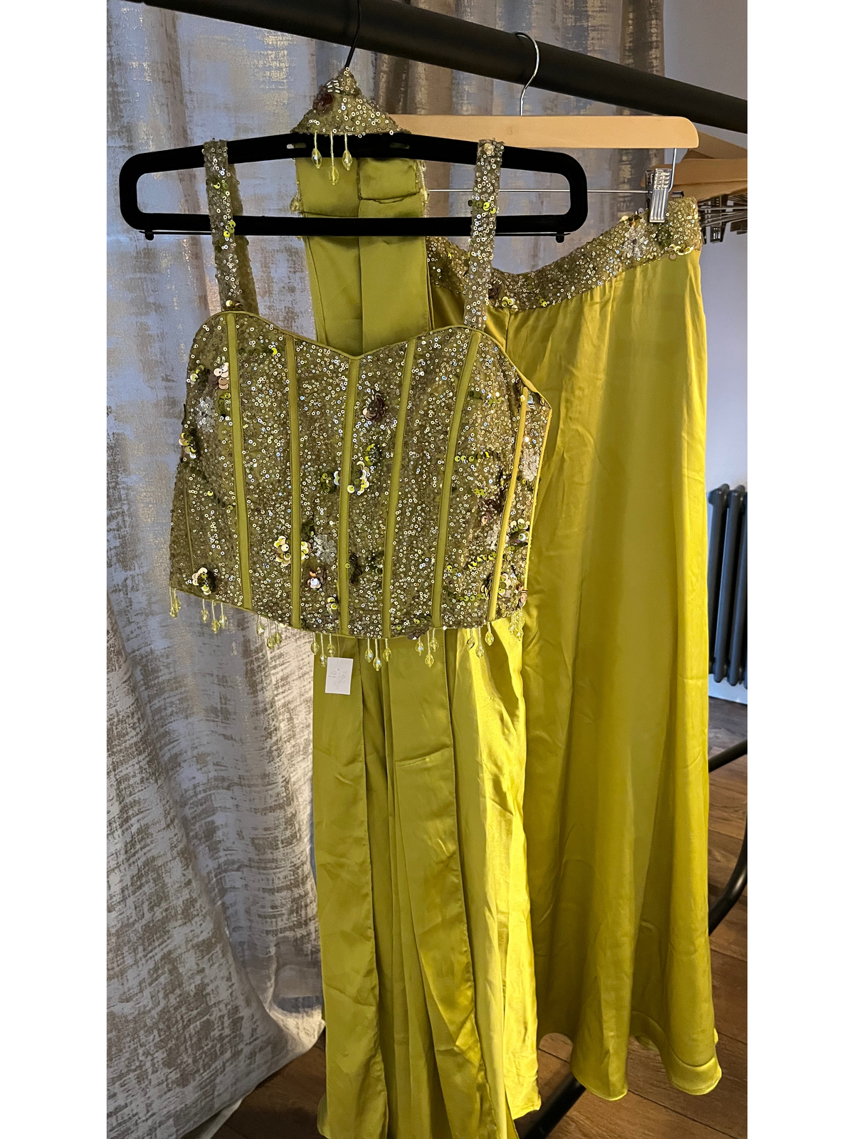 Gold Satin Corset Palazzo with Choker Dupatta
